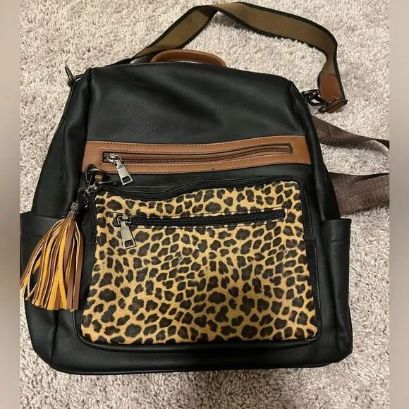 Bags | Blackand Leopard Print Backpack With Shoulder Strap  display picture 2